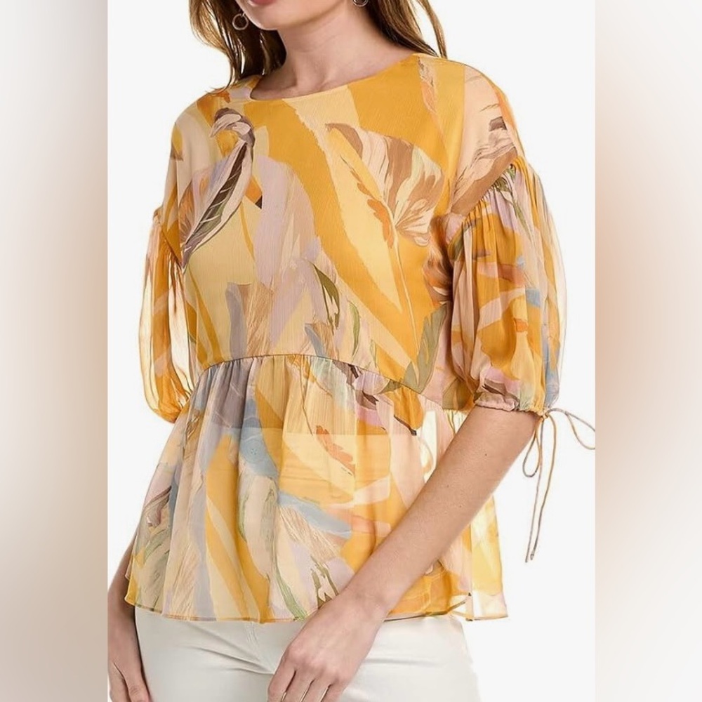 Ted Baker London Darcila tropical frond print puff sleeve fit/flared top sz 1